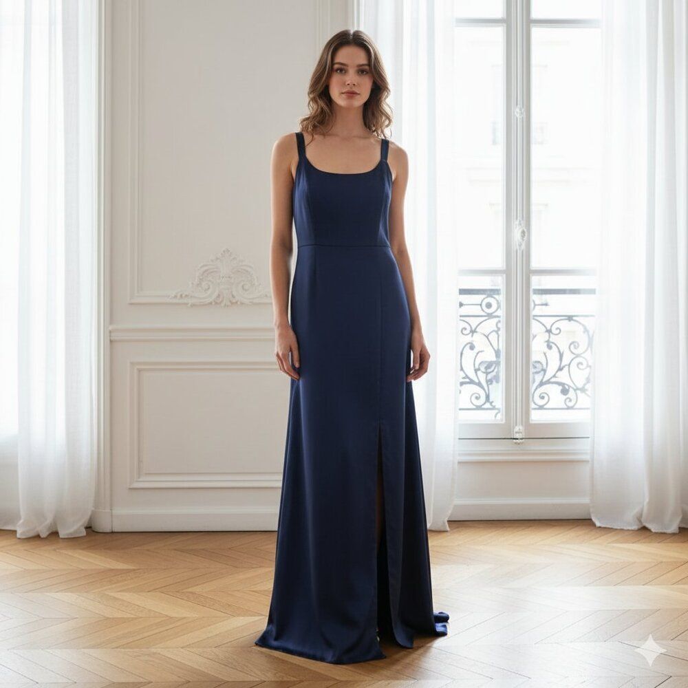 Alex Evenings Navy Blue Square Neck Side Slit Maxi Gown Size 18